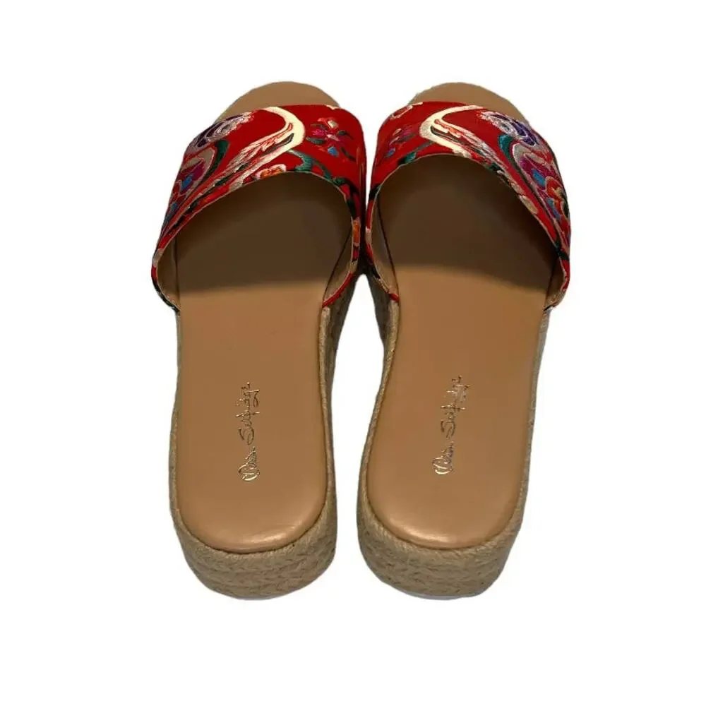Miss Selfridge Espadrille Sliders in Floral Jacquard Size 7 / 40 Oriental Red
